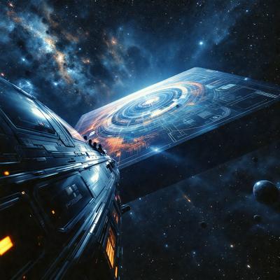 The primary subject of the image is a large, futuristic spacecraft. The setting is a space environment, with the spacecraft surrounded by a backdrop of stars. The visual style is a combination of photo and digital art, creating a realistic yet imaginative scene. The colors and mood of the image are predominantly dark and dramatic, with the spacecraft and stars serving as the main focal points.